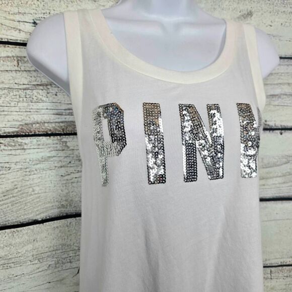 VS PINK Silver Sequin Logo Tank Top White Size L - Picture 2 of 9